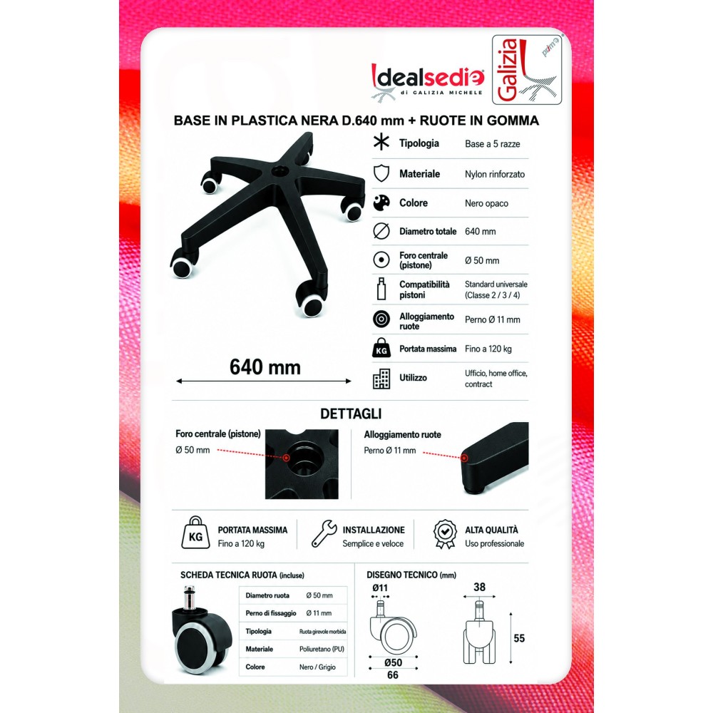 BASE IN PLASTICA NERA D.640 mm + RUOTE IN GOMMA