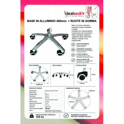 BASE IN ALLUMINIO D.480mm + RUOTE IN GOMMA