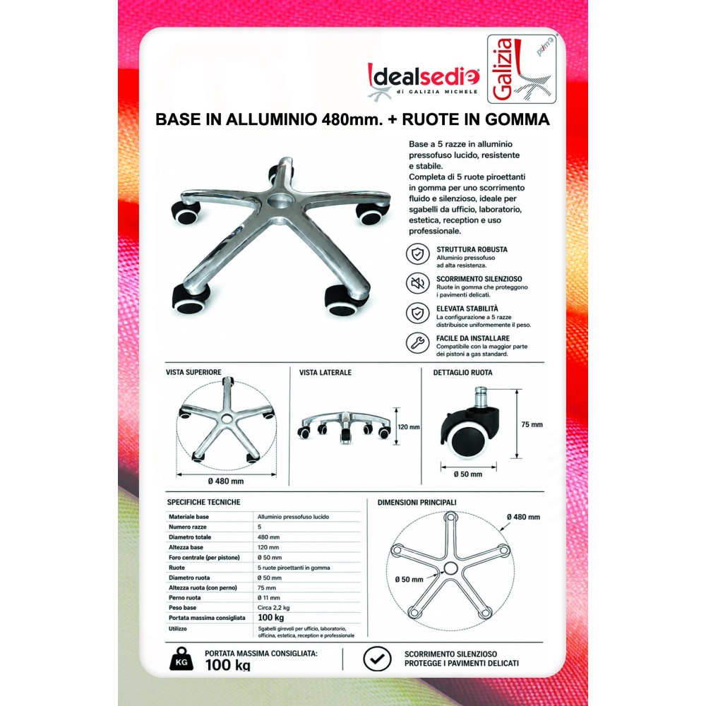 BASE IN ALLUMINIO D.480mm + RUOTE IN GOMMA