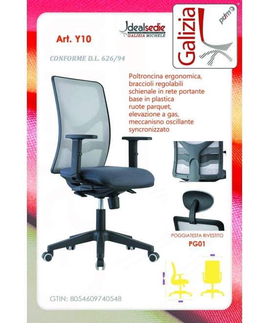 Y9 SEDIA ERGONOMICA CON SCHIENALE IN RETE E SUPPORTO LOMBARE