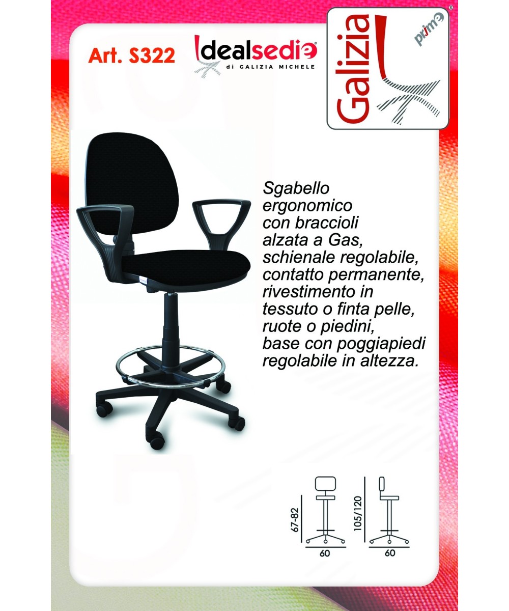 S322 SGABELLO ALTO CON SCHIENALE, BRACCIOLI E POGGIAPIEDI